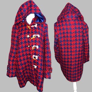 Red and Blue Houndstooth Hooded Toggle Coat